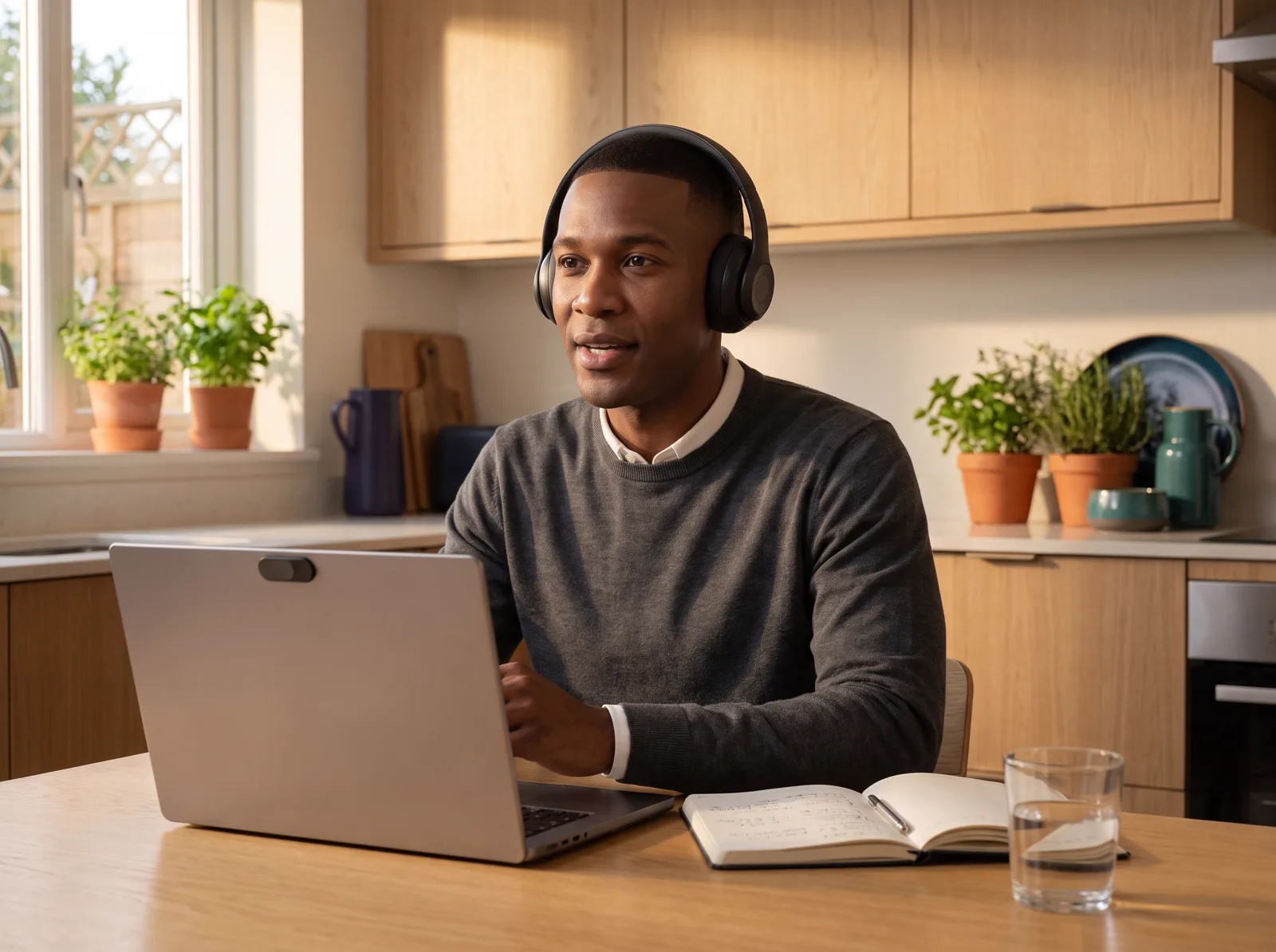A candidate at home with headphones answering an interview question aloud