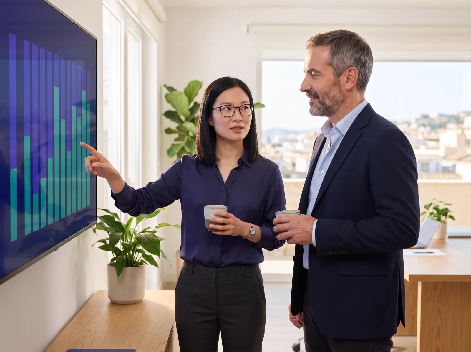An HR director and a team manager reviewing team readiness on a wall screen